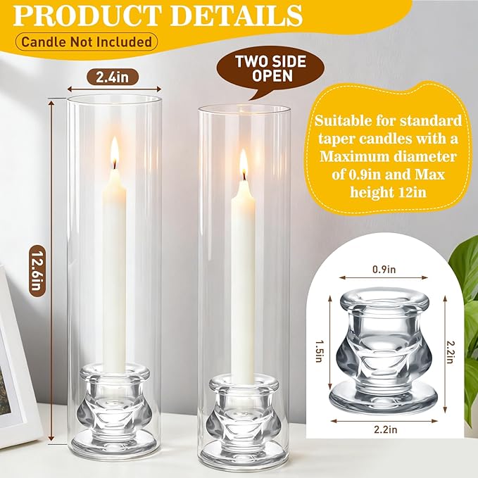 6 Set Hurricane Glass Candlestick Holders 12.6" Two Side Open Glass Candle Holders and 2.2" Taper Candlesticks Holder Bulk for Table Centerpiece Wedding Christmas Home Decor