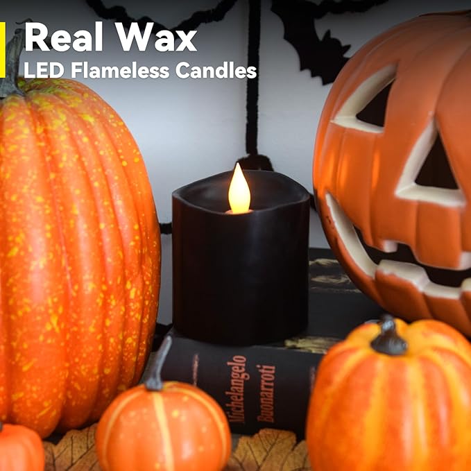 Black Flameless LED Candles - 3" x 3" Real Wax, Battery Operated with Remote Timer, 3D Flickering, Lasts 600+ Hours, Halloween & Christmas Deco (Black, 3"*3"-1pcs)