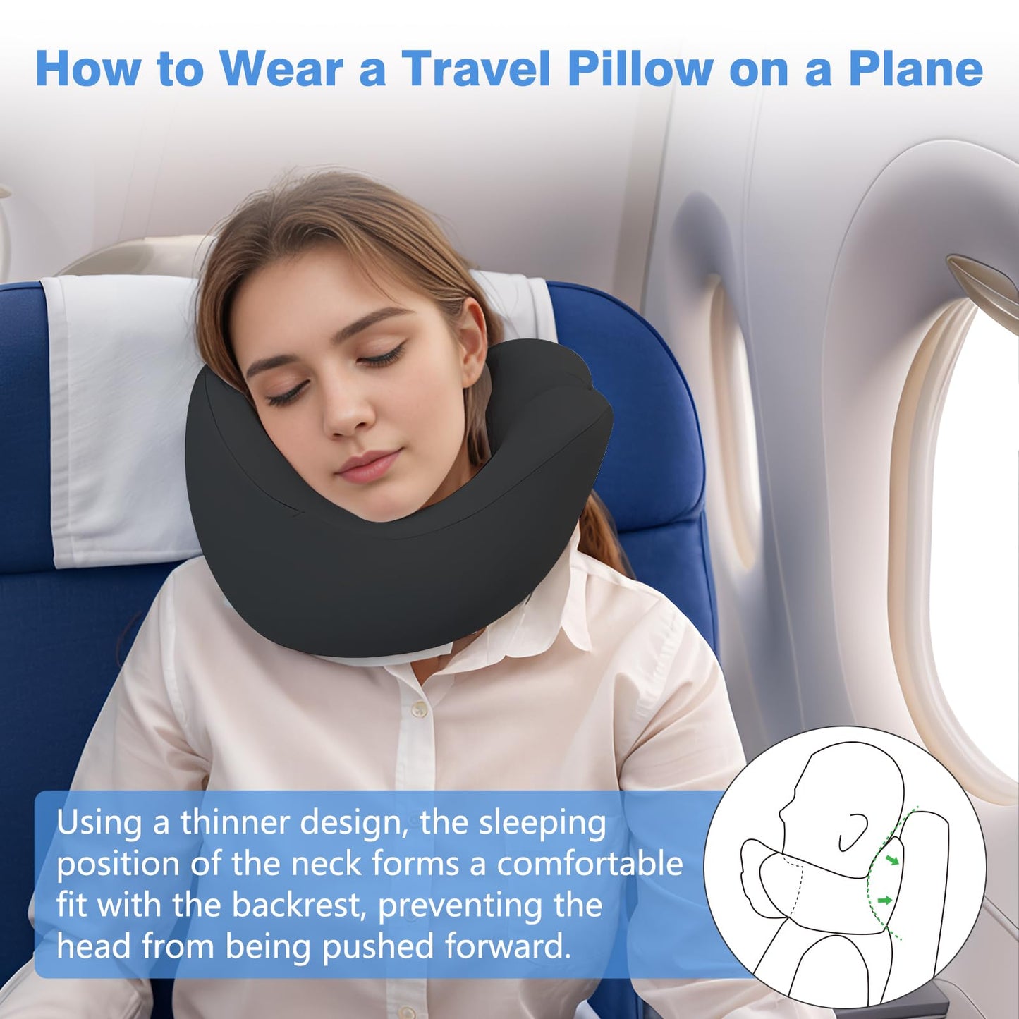 jiaao Neck Pillow Airplane, 2025 Upgraded Memory Foam Travel Pillow for International Flights, Adjustable Clasp, Storage Bag, Advanced Neck Support for Road Trips, Home, Office, and Gaming