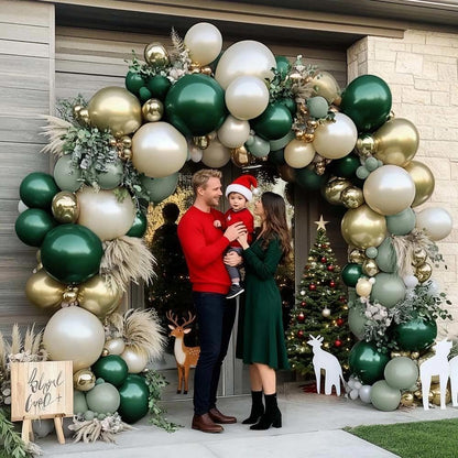 Emerald Green Gold Balloon Arch Kit Double Stuffed Dark Dusty Green Pearl White Sand Latex Christmas Balloon Garland for Birthday Wedding Anniversary Xmas Winter New Year Party Decoration