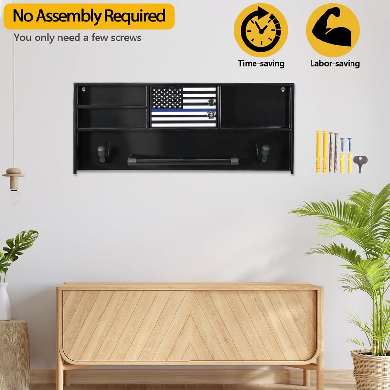 BUYYAH Wall Mounted Police Gear Rack, All Iron Frame with Gun Storage, Combination Lock, Tactical Duty Gear Rack for Home, Office, Police Gift Decor with Flag, Black