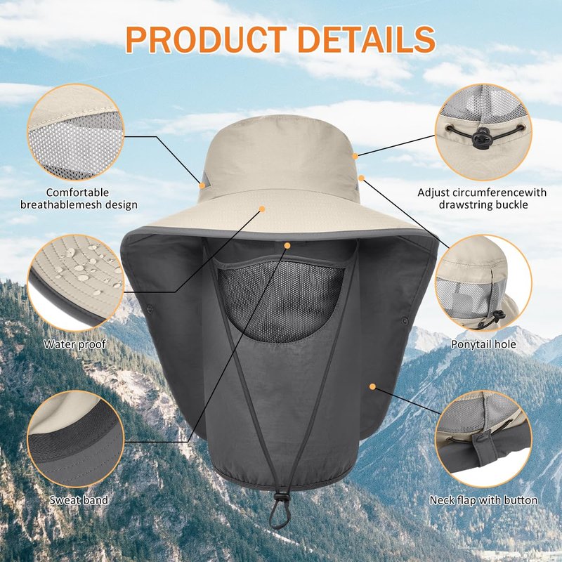 ZEXIAN Men&Women Wide Brim Fishing Ponytail Sun Hat with Removable Face and Neck Flap UPF 50+ UV Protection Safari Cap (US, Alpha, One Size, Khaki)
