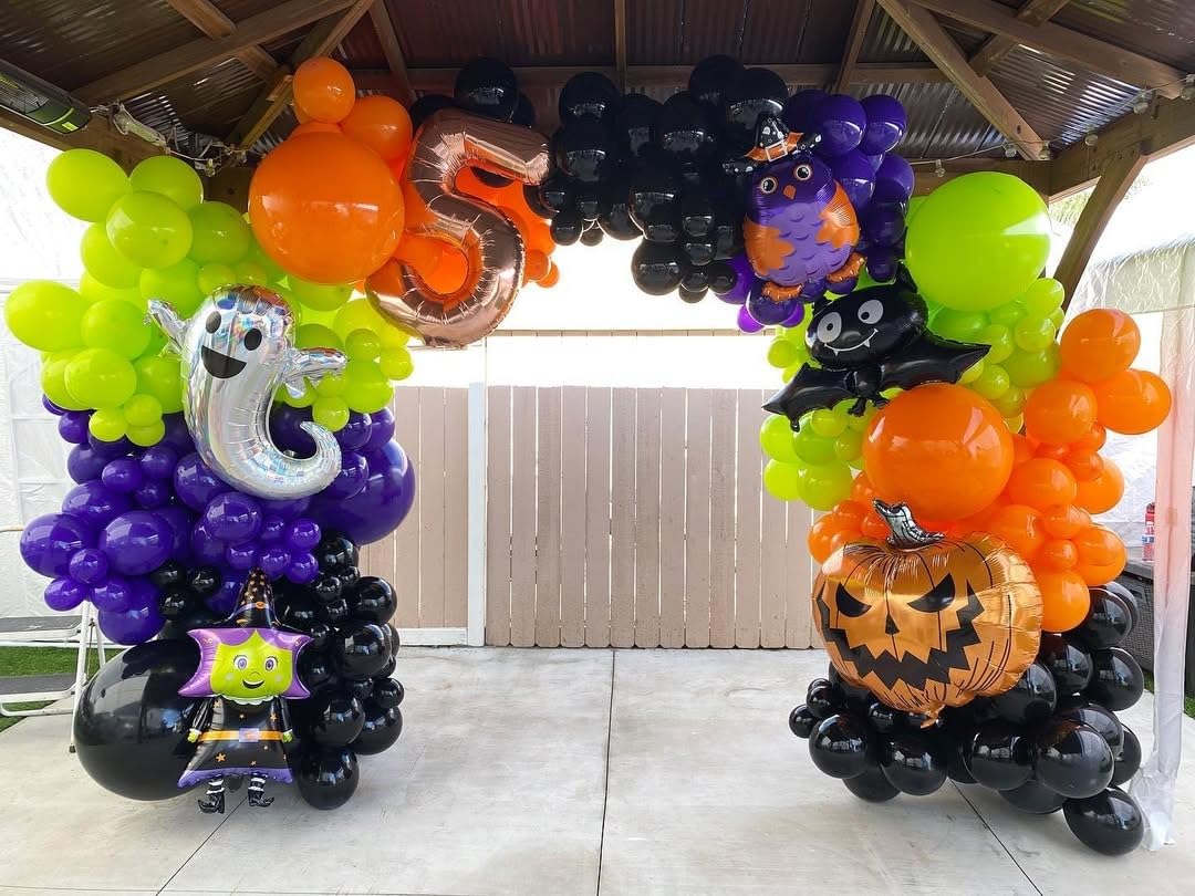 Lukiituke Halloween Balloon Garland Arch Kit, 134Pcs Black Orange Purple Lime Green Balloons, 4 Sizes Orange and Black Balloons for Halloween Theme Birthday Party Backdrops Decorations
