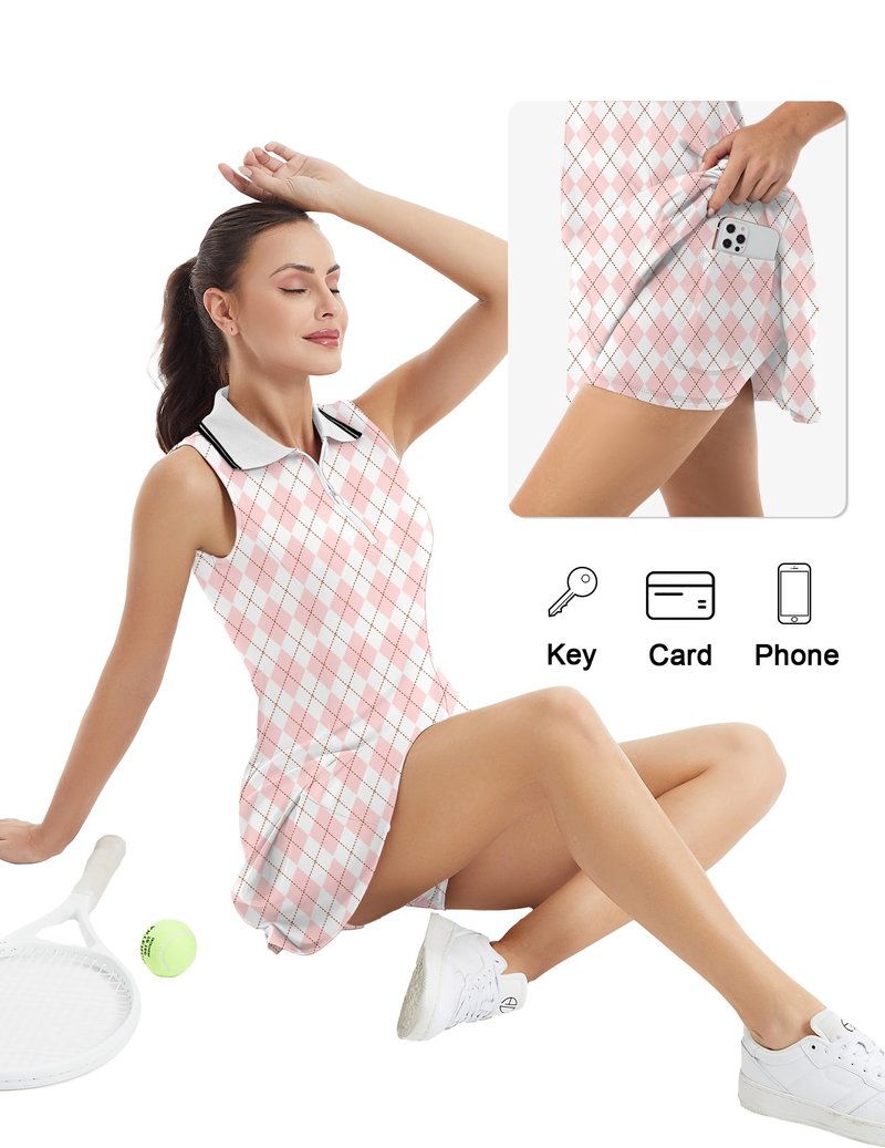 FKEEP Women's Tennis Golf Dress Sport Activewear Workout Athletic Zipper V-Neck with Shorts and Pocket (Pink Checkered, XL)