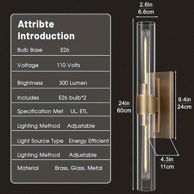 Brass Bathroom Vanity Wall Sconces, 2-Light Glass Tube Wall Sconces, 24 Inch Horizontal or Vertical Linear Wall Sconces,Gold Vanity Light, Indoor Wall Sconces, E26 Bulb Included