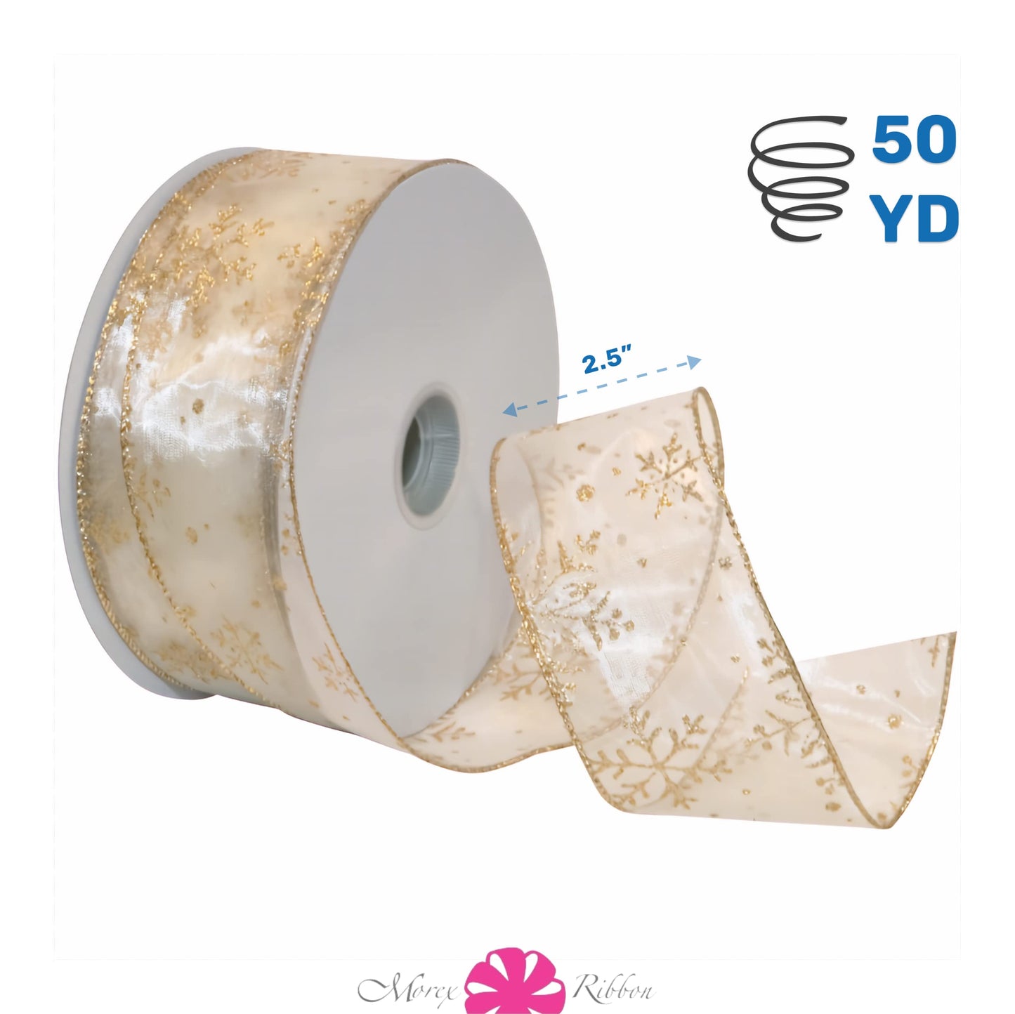 Morex Snowflake 2.5" X 50 YD Nylon Sheer Wired Glitter Ribbon in Ivory/Gold