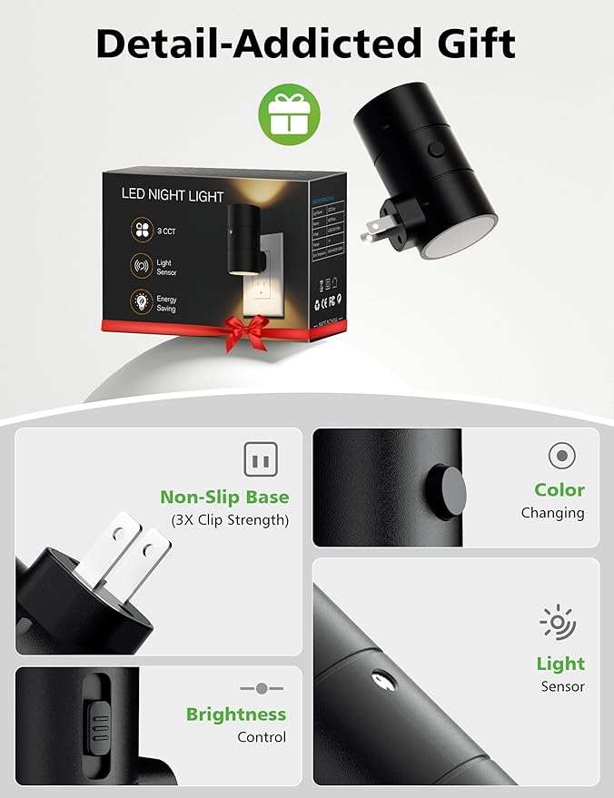 Night Lights Plug Into Wall,Dimmable LED Nightlight with Dusk to Dawn Light Sensor,0-100LM Adjustable Brightness,3 Color Temperatures,Night Light for Hallway Bathroom Stair Bedroom,Black,2 Pack