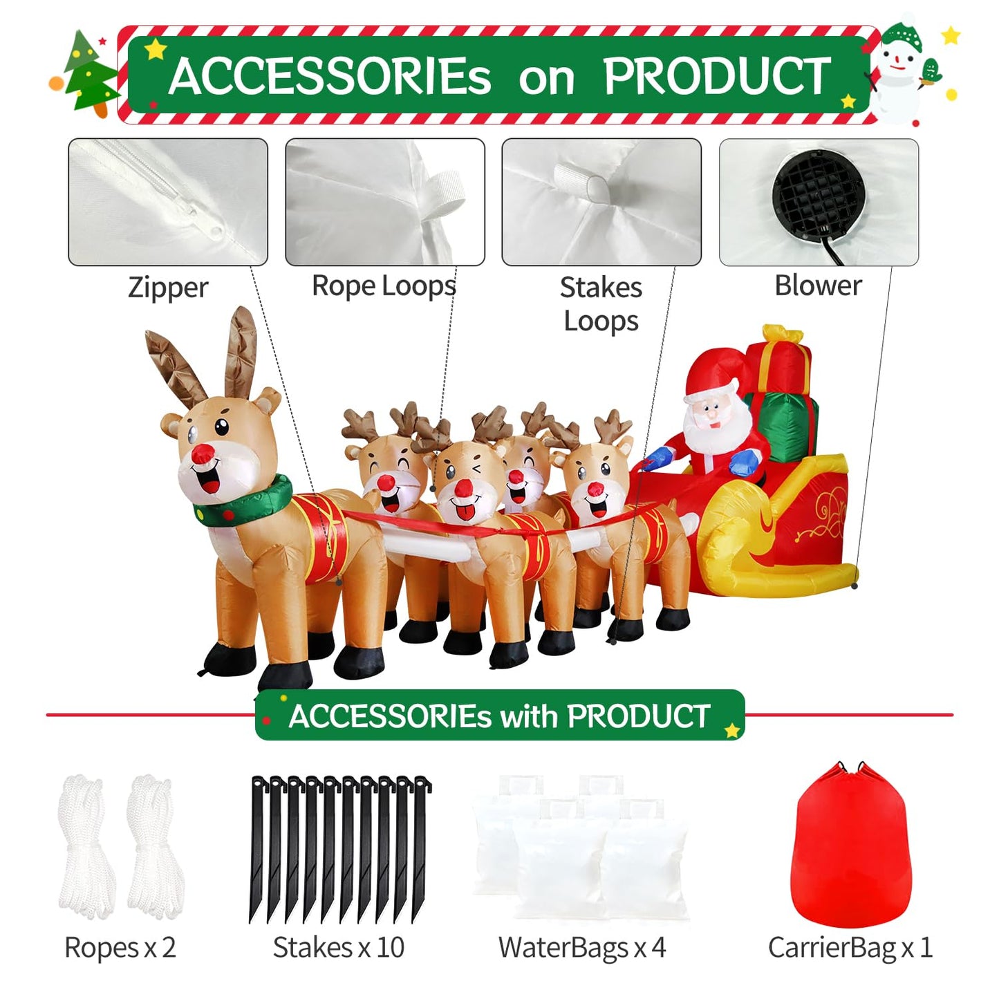 DomKom 12 FT Christmas Inflatable Outdoor Santa Claus on Sleigh with Five Reindeer, Building LED Lights, Blow Up Yard Decoration for Party Garden Lawn Winter Decor