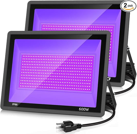 600W 2 Pack LED Black Light,395nm to 405nm LED UV Blacklight, IP66 Waterproof Black Flood Light Outdoor with Plug and SwitchNeon Glow for Glow Party, Halloween, Fluorescent Poster, Body Paint