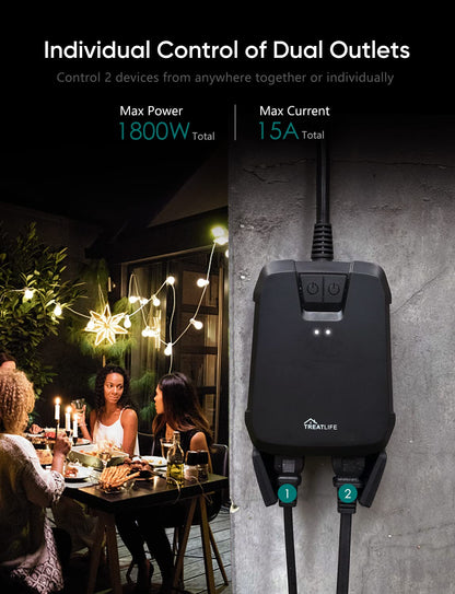 TREATLIFE Outdoor Smart Plug with 2 Individual Control Outlets, IP64 Weather Resistance, Smart Home Outlet Timer Compatible with Alexa, Google Home and SmartThings, 2.4GHz WiFi Only, No Hub Required