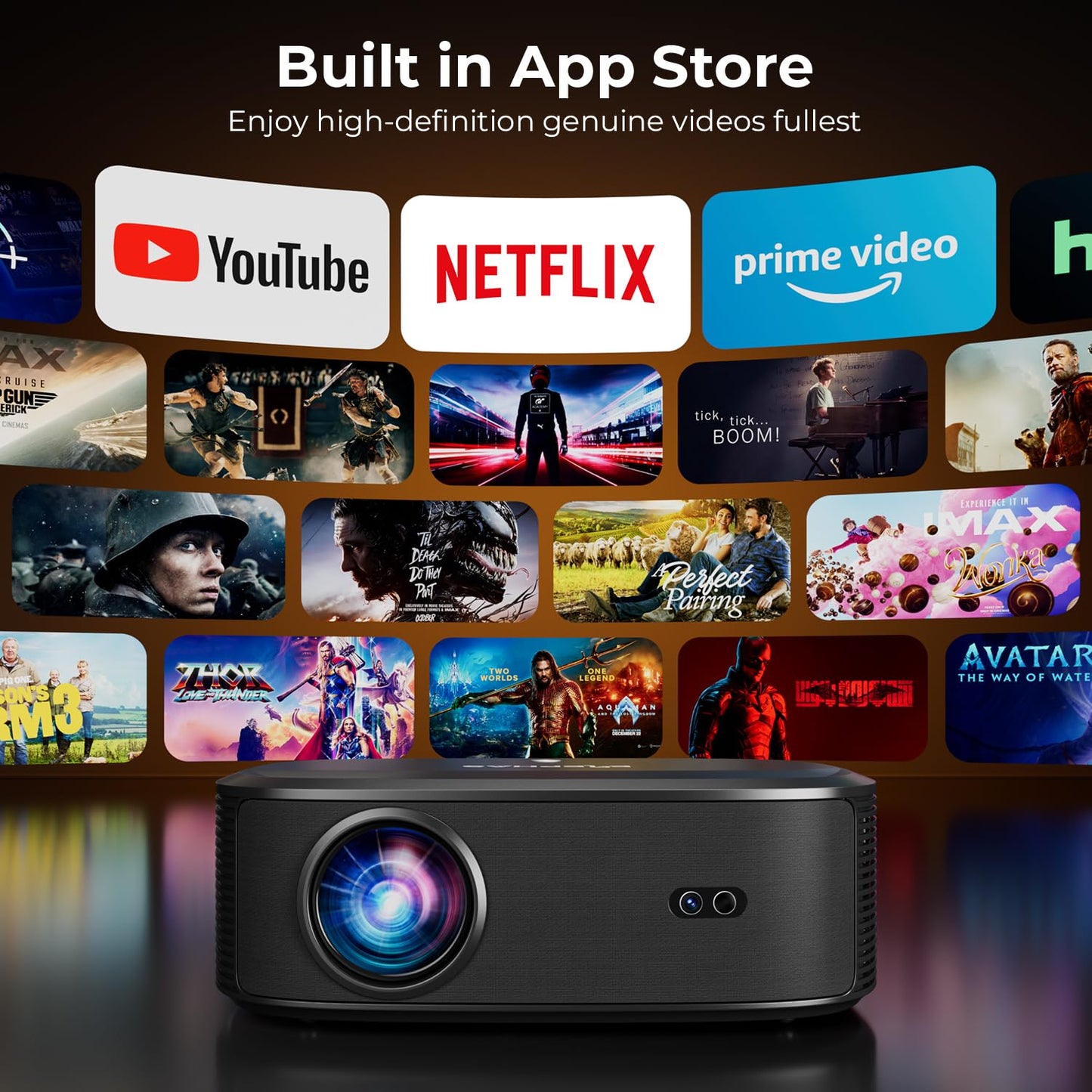 4K Projector with Wifi and Bluetooth, ELEPHAS Outdoor Movie Projector with NETFLIX/Prime Video/YouTube Built-in, 100,000+ Apps Supported, Video Projector Compatible with HDMI/USB/iOS/Android/Windows