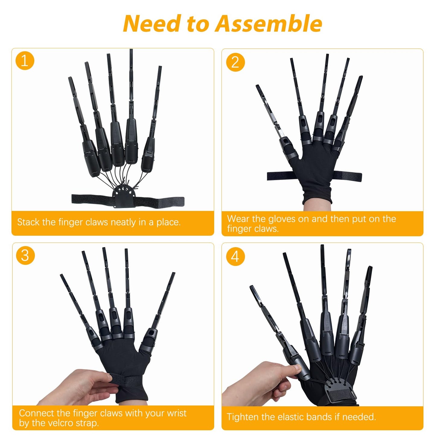 Halloween Articulated Fingers with Protective Gloves, Articulated Finger Extensions, Finger Claw with Protective Gloves, Scary and Flexible Skeleton Claws Hands, Halloween Props for Any Costume, Black