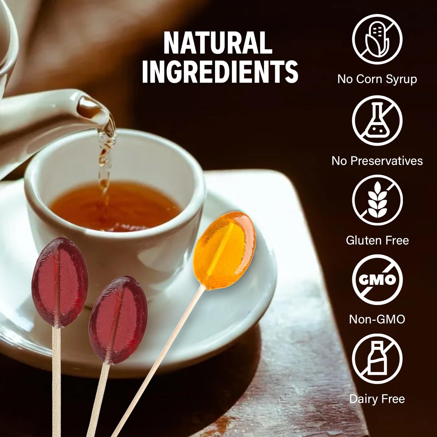 Melville Candy All Natural Honey Spoons – Clover Honey Spoons & Lollipops on Wooden Ball Sticks – Gluten-Free, Made in USA Stirrers for Tea, Coffee, & Hot Beverages - Individually Wrapped (5-count, Clover)