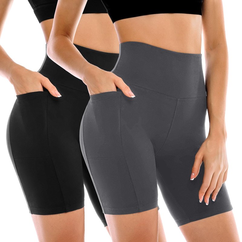 Leafigure 2 Pack Womens Biker Shorts with Pockets, High Waisted Tummy Control Yoga Shorts for Women Running Gym and Workout Black/Grey L-XL