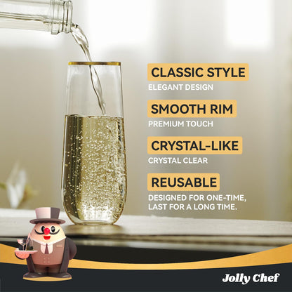 JOLLY CHEF 48 Pack Plastic Champagne Flutes, 9 oz Clear Stemless Champagne Flutes, Plastic Champagne Glasses with Golden Rim, Shatterproof Recyclable Mimosa Glasses for Party Wedding Birthday