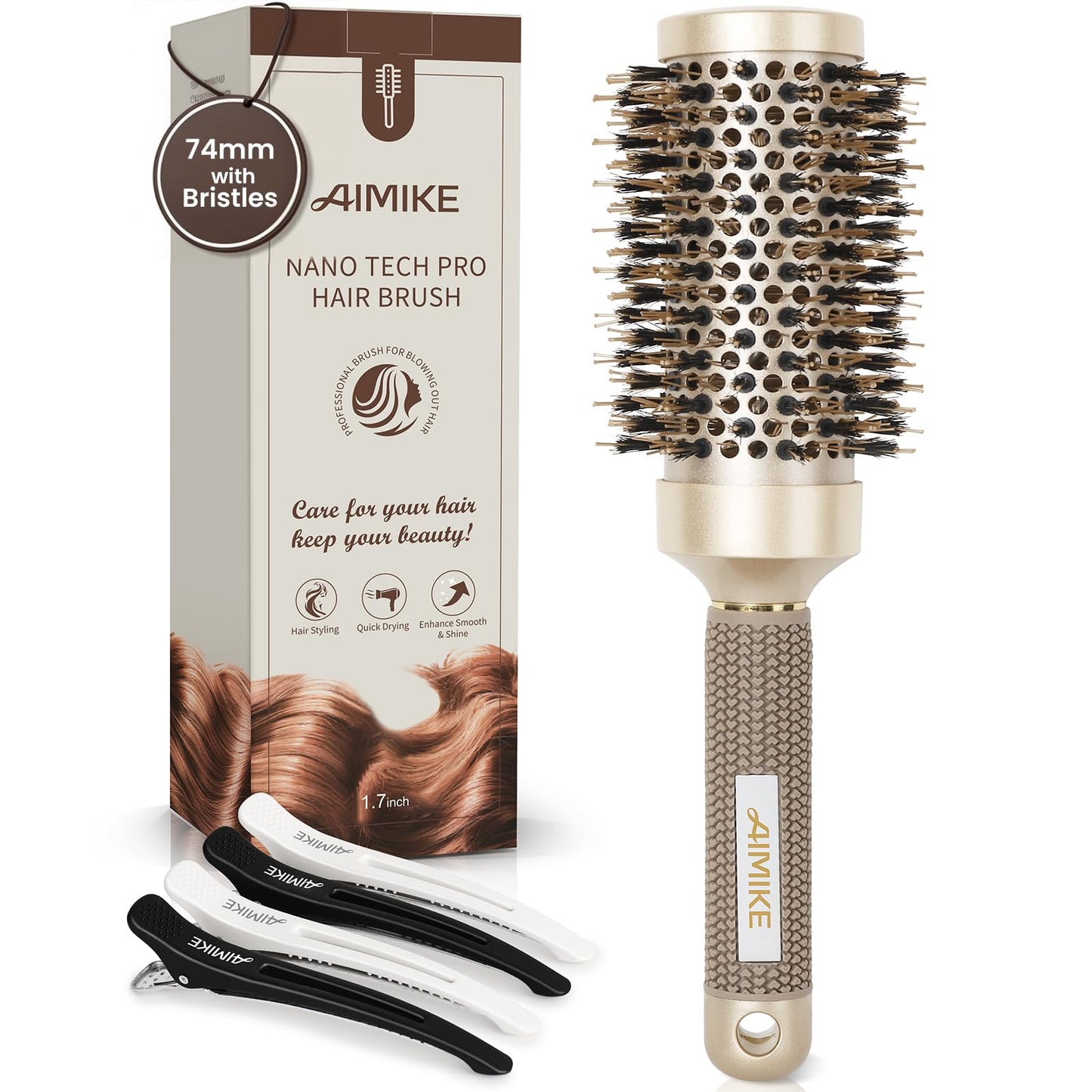 AIMIKE Round Hair Brush, Nano Thermal Ceramic & Ionic Tech Round Brush, RoundBrushes for Blow Drying with Boar Bristles, Barrel Brush for Styling, Curling, Add Volume & Shine (74mm, Barrel 43mm)