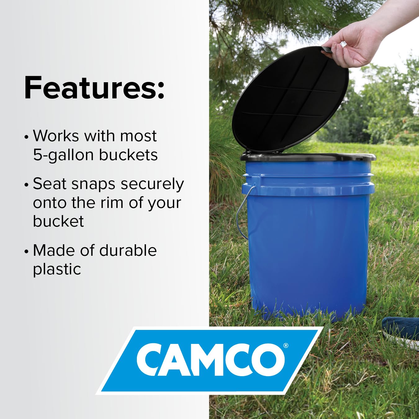 Camco Bucket Toilet Seat with Lid - Converts Standard 5 Gallon Bucket into Portable Toilet for Camping - Convenient Camping Toilet for Hunting & More - Includes 3 RV Toilet Waste Bags (41546)
