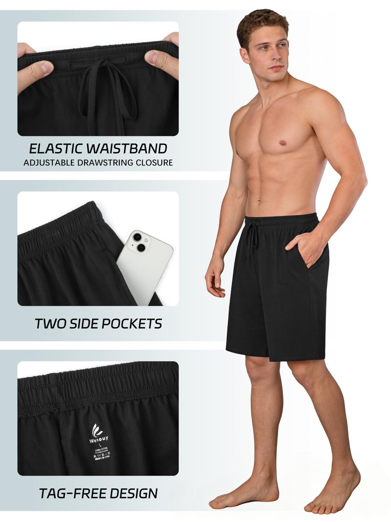 Wenouy 3 Pack Mens Cotton Pajama Shorts Soft Comfortable Lounge Shorts with Drawstring & Two Pockets Sleep Bottoms for Men Black, Gray, Light Gray XL