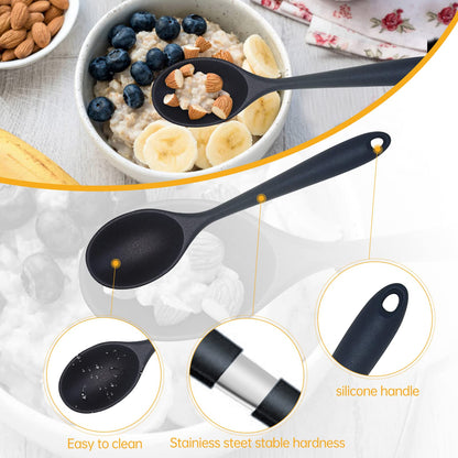 2 Pcs Silicone Nonstick Mixing Spoon, Silicone Spoons for Cooking Heat Resistant, Cooking Utensil for Kitchen Cooking Baking Stirring Serving (Black)