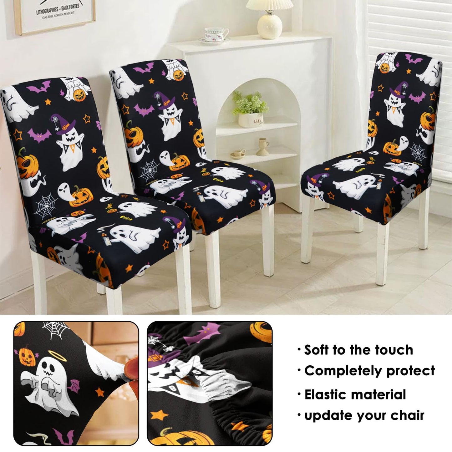 qwpmvhsak Halloween Chair Covers Set of 4, Cute Pumpkin Ghost Dining Chair Protectors, Black Elastic Removable Washable Dining Chair Covers, Suitable for Halloween Kitchen Restaurant Holiday Decor