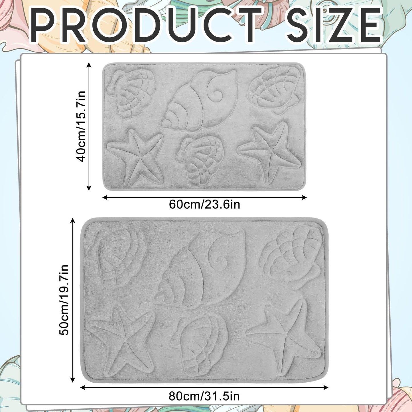 Tinideya Set of 2 Memory Foam Shell Starfish Bath Rugs Sets Ocean Beach Bathroom Mat Soft Absorbent Non Slip Floor Carpet for Coastal Bedroom Living Room Kitchen Entryway Indoor Decorations