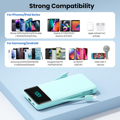 Portable Charger for iPhone with Built in Cables and Wall Plug,Upgraded 13800mAh Fast Charging USB C Power Bank,4 Outputs Travel Essential Battery Pack Compatible with iPhone 15/14/13,Samsung-Purple