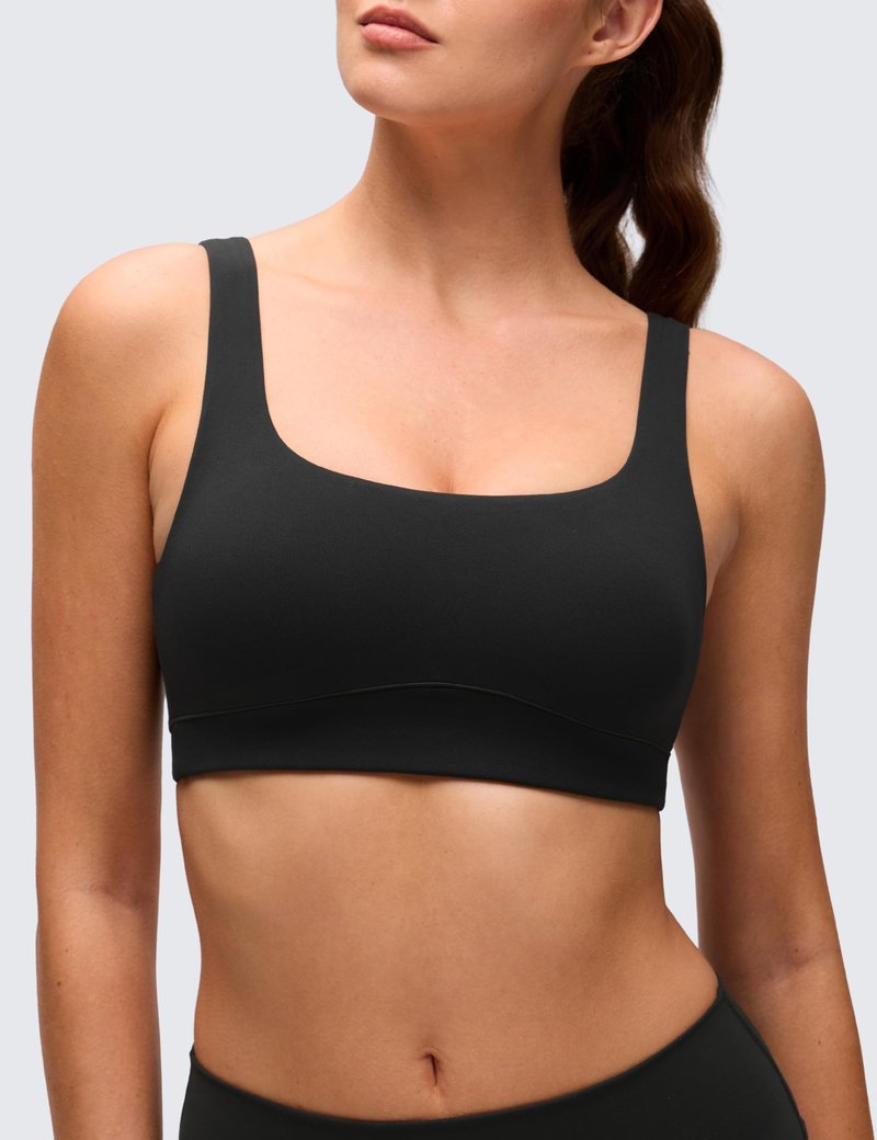 CRZ YOGA Butterluxe Scoop Neck Sports Bras for Women - U Back Padded Wide Strap Wireless Yoga Top Black Medium
