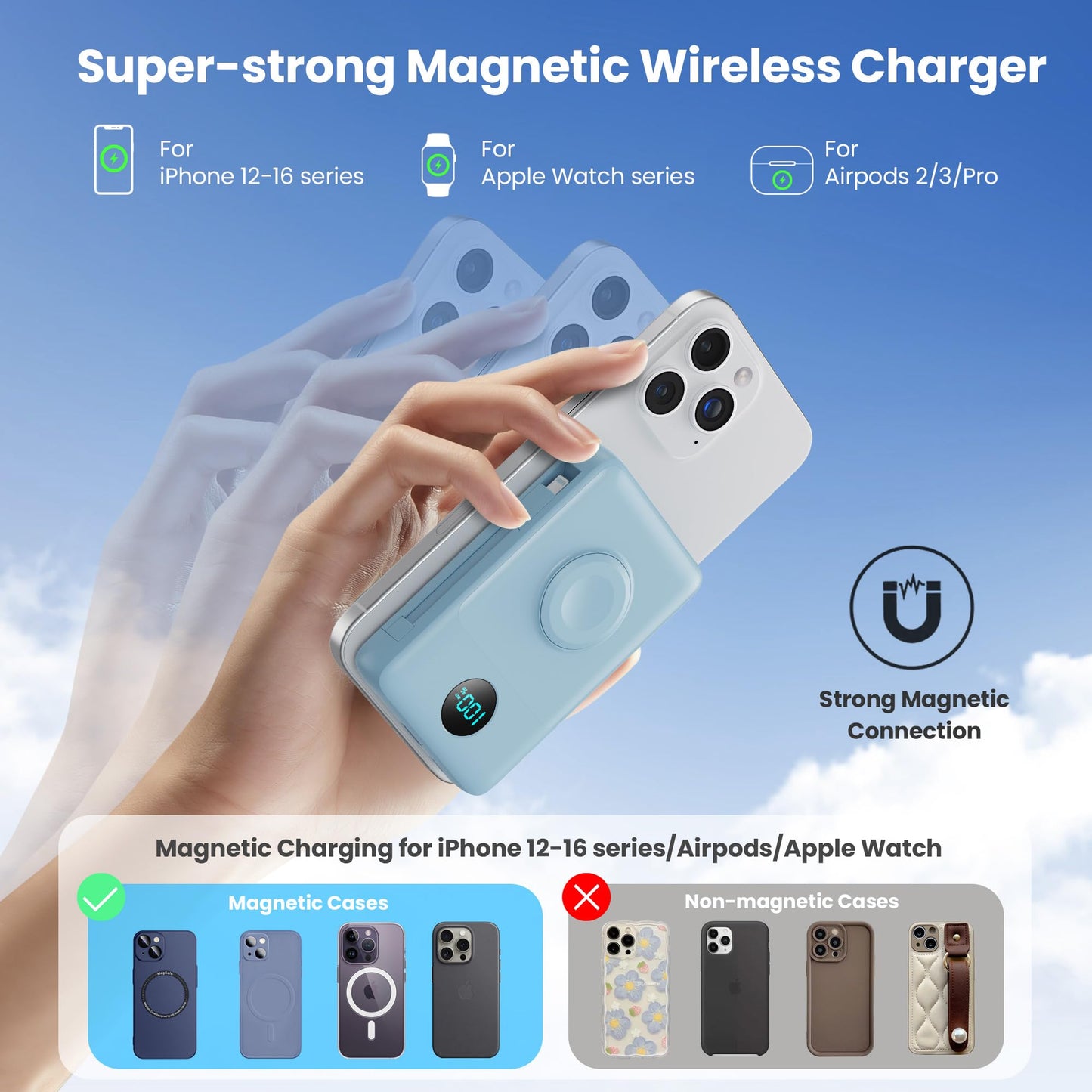 Magnetic Portable Charger 10800mAh for iPhone with Built-in Cables, 6-in-1 Wireless Power Bank with iWatch Charger, LCD Display 25W PD Fast Charging Battery Pack for iPhone 16/15/14/13/12, Apple Watch