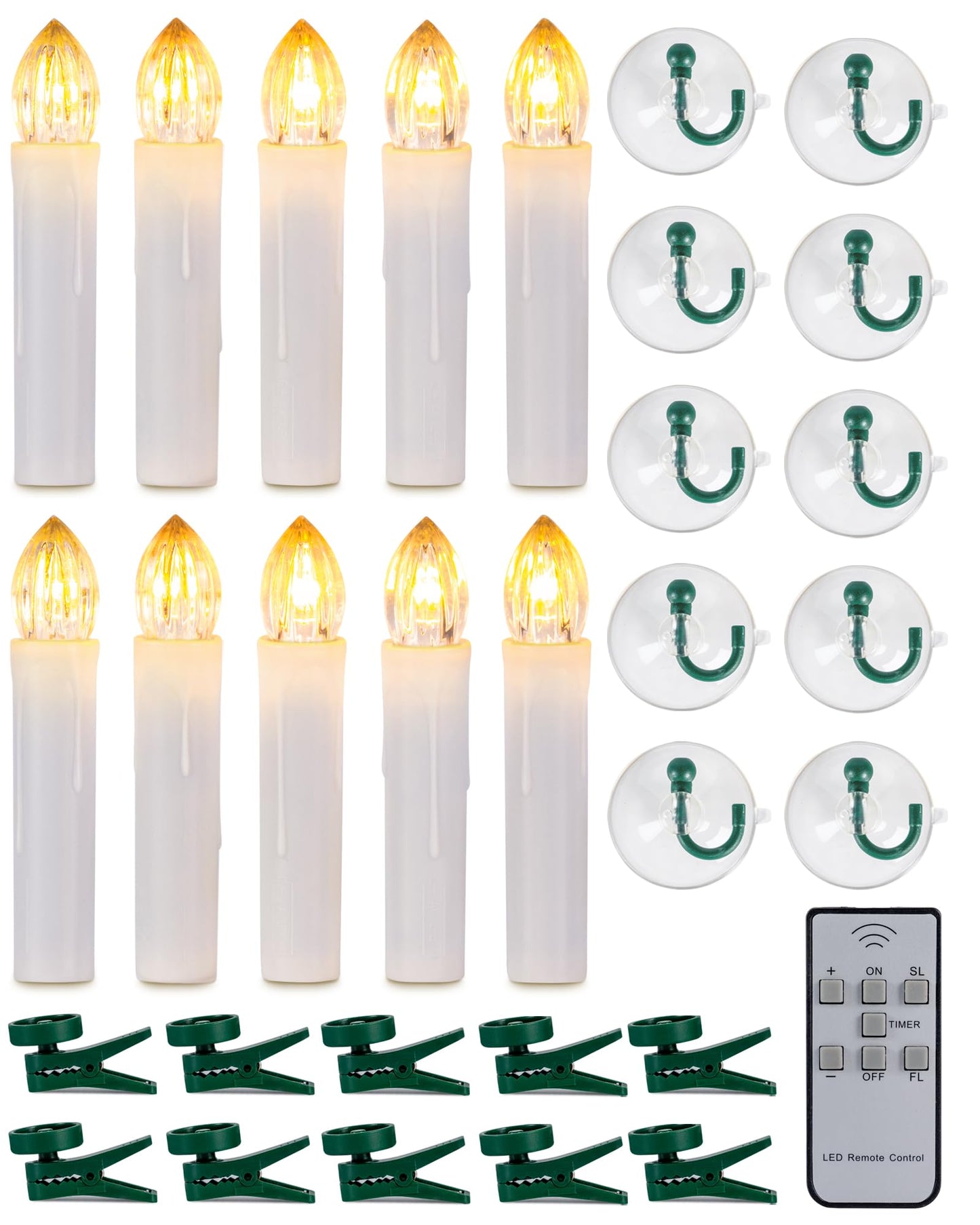 Homemory 10 Pcs Clip On Candles for Christmas Tree with Remote and Timer, Flickering LED Window Candle with Clips/Suction Cups, Warm White Light, Dia 0.7''x H 4''