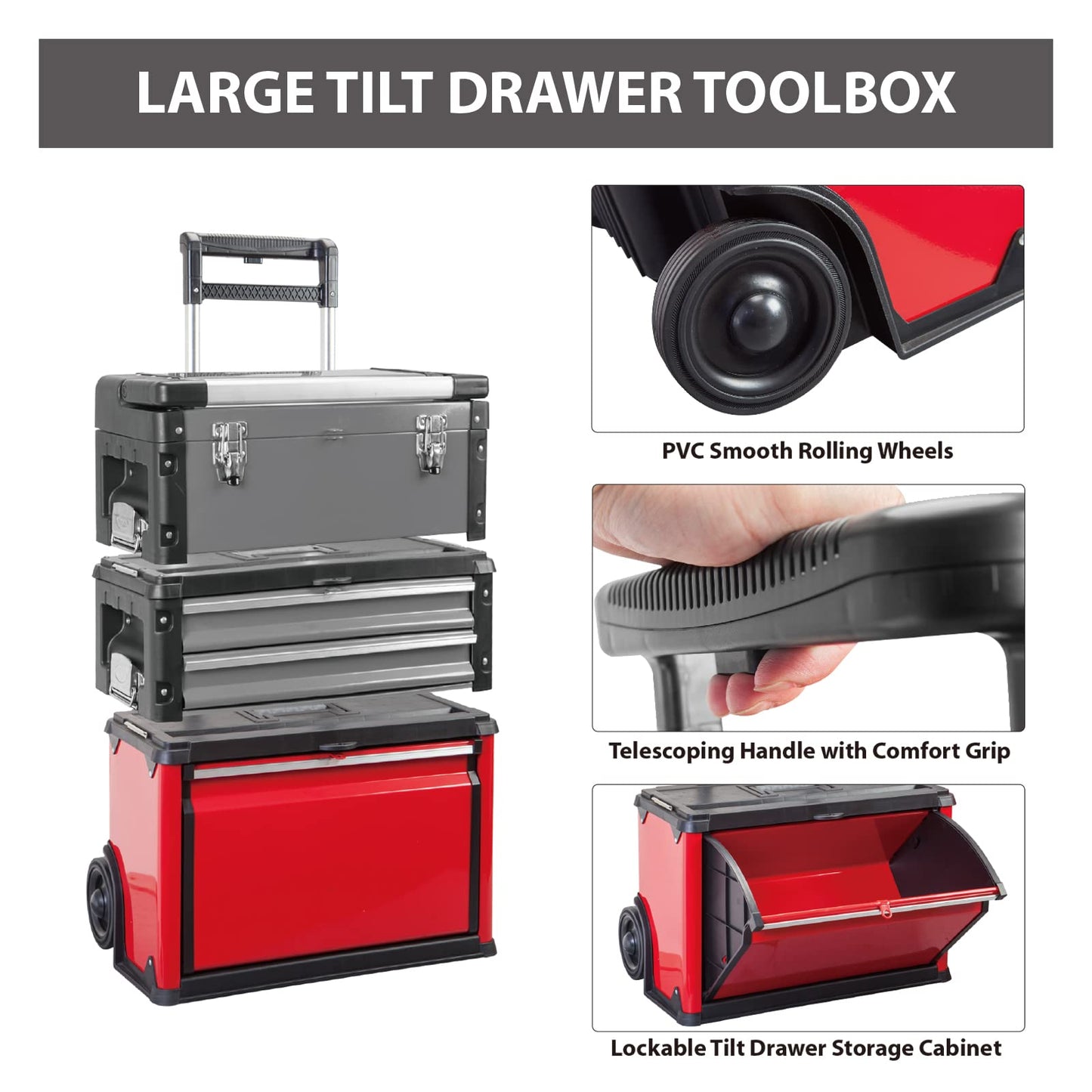 BIG RED TRJF-C305ABD Torin Garage Workshop Organizer: Portable Steel and Plastic Stackable Rolling Upright Trolley Tool Box with 3 Drawers, 20.5" L x 12.6" W x 28.4"