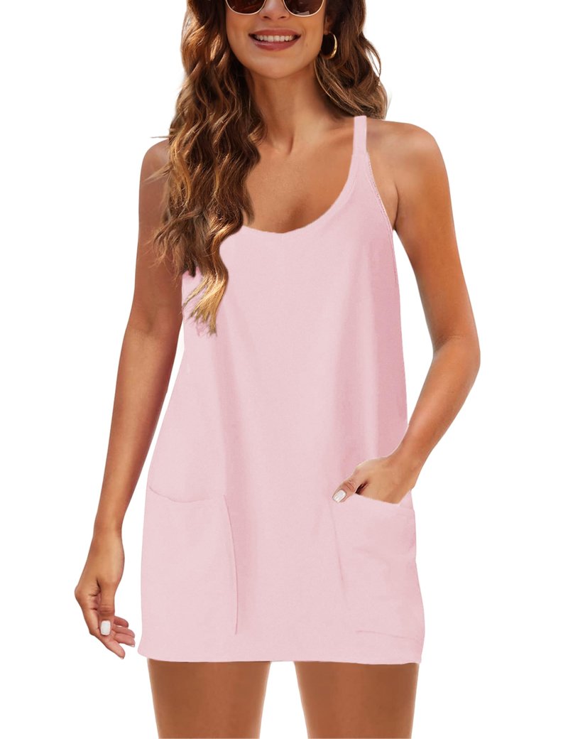 Lentta Womens Athletic Sleeveless Mini Dress with Built-in Shorts V Neck Spaghetti Strap Sundress(Pink-XS)
