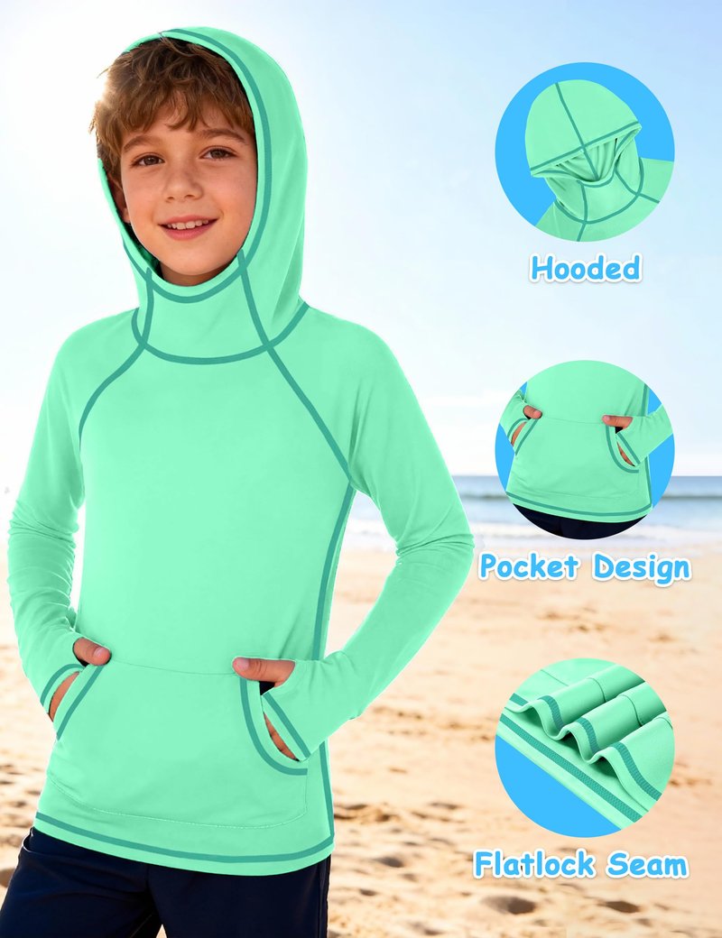 Boys Hooded Long Sleeve Rash Guard Swim Shirt, Youth Kids UPF 50+ Fishing Shirt, Sun Protection Hiking Beach Hoodie