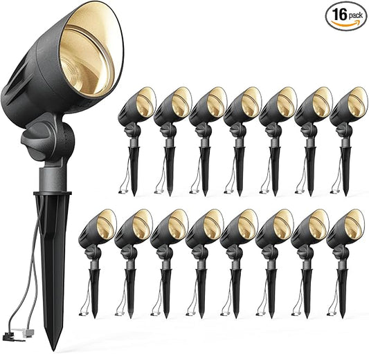 VENUS MANUFACTURING 16 Pack Low Voltage Landscape Flood Light 5 Watt LED Outdoor Landscape Lighting Kits 400 Lumen Black Waterproof Spotlights 12V 2700K Warm White Metal Tree Lights for Garden & Yard