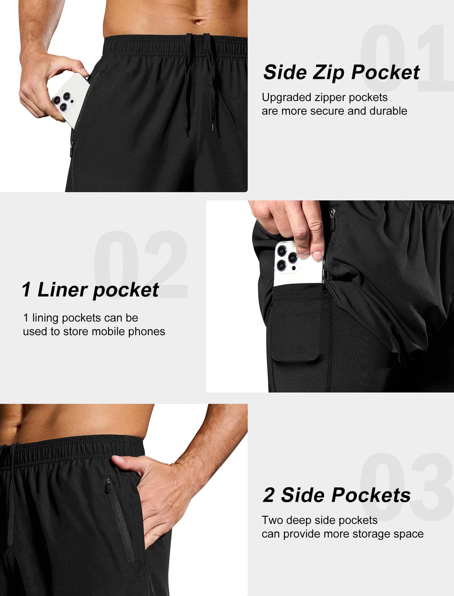 SILKWORLD Men's 7" Running Shorts Quick Dry Athletic Workout Gym Shorts with Zipper Pockets, Black, Large