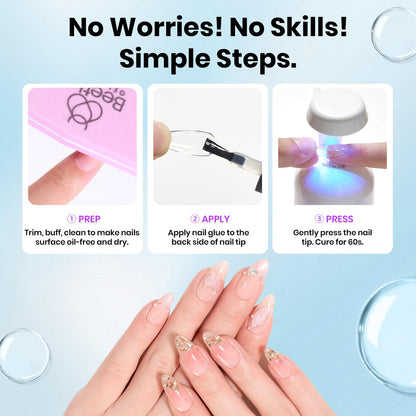 Beetles Gel Nail Kit Short Almond, 240Pcs Easy Nail Extension Set Shaped Clear Tips with 5 in 1 Nail Glue Base & Top Coat and Mini UV Lamp, Nail Tips Art Acrylic Nail Kit Gifts for Women