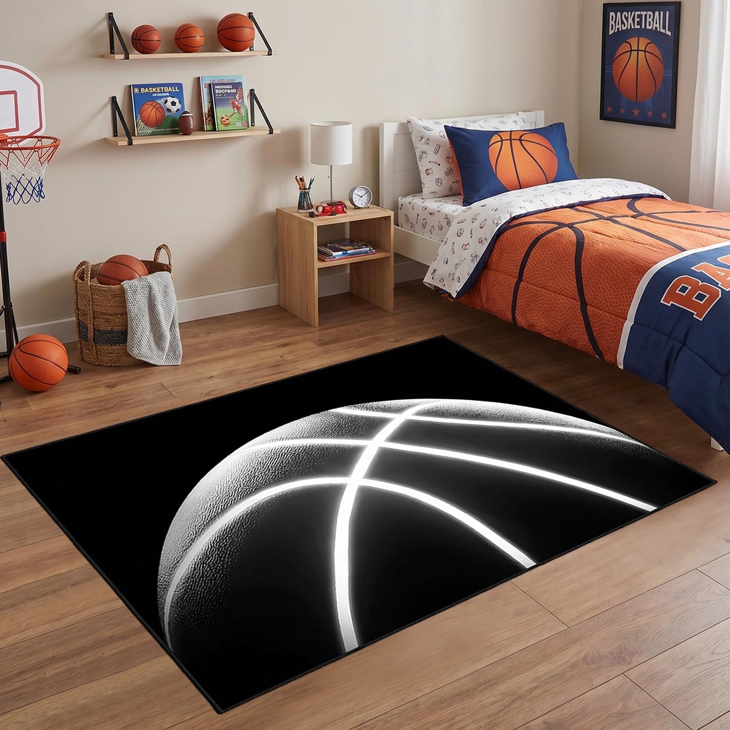Basketball Rug for Boys Bedroom - Black Basketball Area Rug Basketball Decor Floor Kids Room Carpet Fun Sport Basketball Rug Printed White Ball Playroom Mat,2'6''×4'