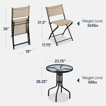 Best Choice Products 3-Piece Patio Bistro Dining Furniture Set w/Textured Glass Tabletop, 2 Steel Folding Chairs, Polyester Fabric - Beige