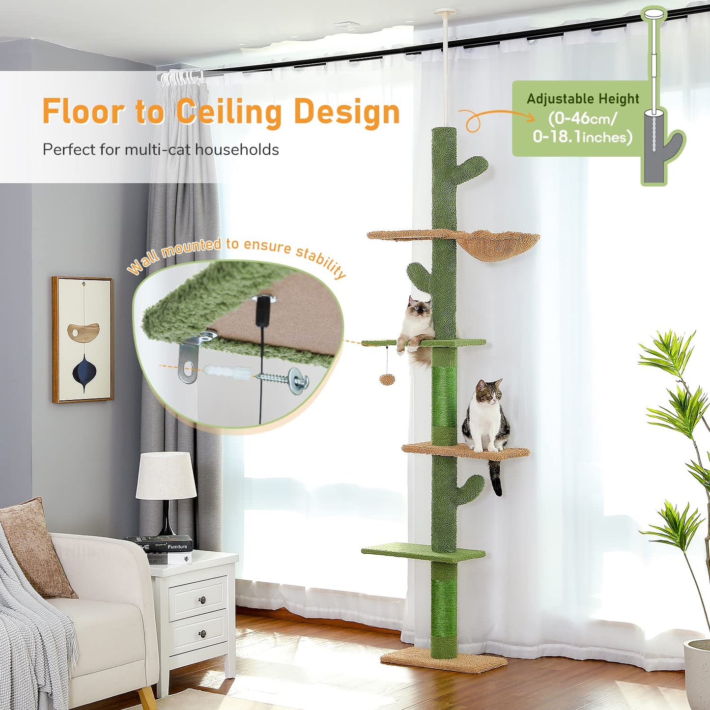 PAWZ Road Cactus Cat Tree Floor to Ceiling Cat Tower with Adjustable Height(239-275cm), 5 Tiers Cat Climbing Activity Center with Cozy Hammock, Platforms and Dangling Balls for Indoor Cats