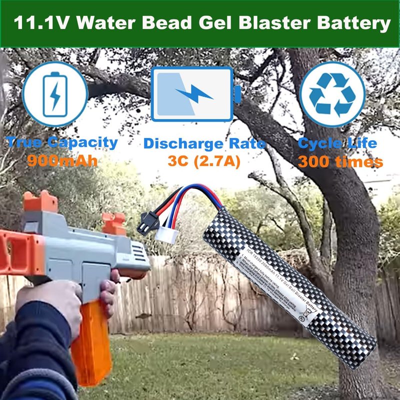 PTIJPOW Airsoft Gel Blaster Battery-11.1V 2000mAh Gel Blaster Battery with USB Charger,Rechargeable Water Bead Splatter Ball Batteries with Mini Tamiya to SM2P Charger Cable(1Pack)