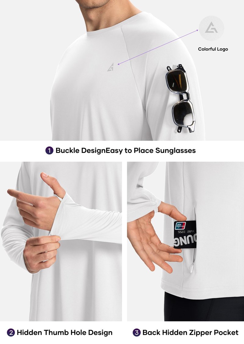 Men’s Sun Protection Shirts UPF 50+ Long Sleeve UV Shirt Rash Guard for Men Quick Dry Swim Fishing Beach Athletic White