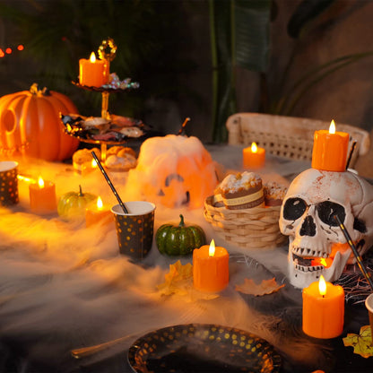 Homemory 2" x 2" Orange Flameless Votive Candles with Timer, Realistic Battery Operated Candles, 6Pack Black Wick Fall Candle for Pumpkin Lanterns, Halloween Decorations