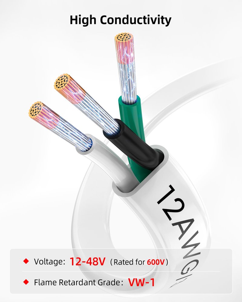 NAOEVO 12 Gauge Marine Wire, 12/3 Triplex Marine Electrical Cable, Waterproof/Insulated PVC/Oxygen-Free Tinned Copper 12 AWG Wire for Boat, Automotive, RV, Solar, LED, Trolling Motor (50FT)
