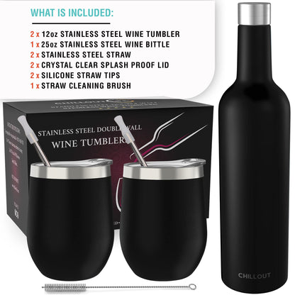 CHILLOUT LIFE Stainless Steel Wine Tumblers 2 Pack 12 oz & 1 Insulated Wine Bottle - Double Wall Vacuum Insulated Wine Cups with Lids and Straws Set - Black