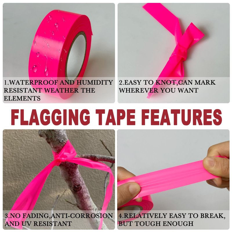 GEYYANG Fluorescent Pink Flagging Tape 6 Pack, Non-Adhesive Plastic Ribbon Tree Marking Tape, for Survey Boundaries, Hunting, Trail Marking and Hazardous Areas, 1" x 100ft,3.35 Mil
