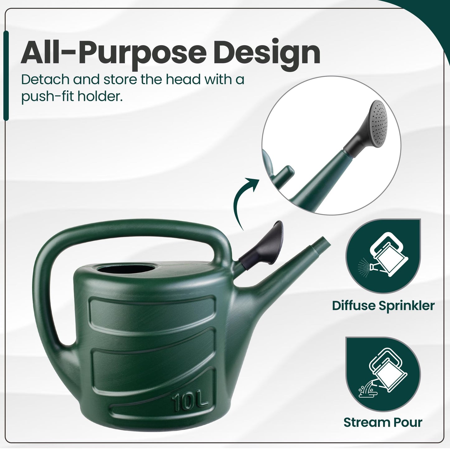 Hardys 10L Green Rose Watering Can - Outdoor & Indoor Watering Can with Detachable Sprinkler Rose Head, Long Spout Water Can for Houseplant & Garden Plants