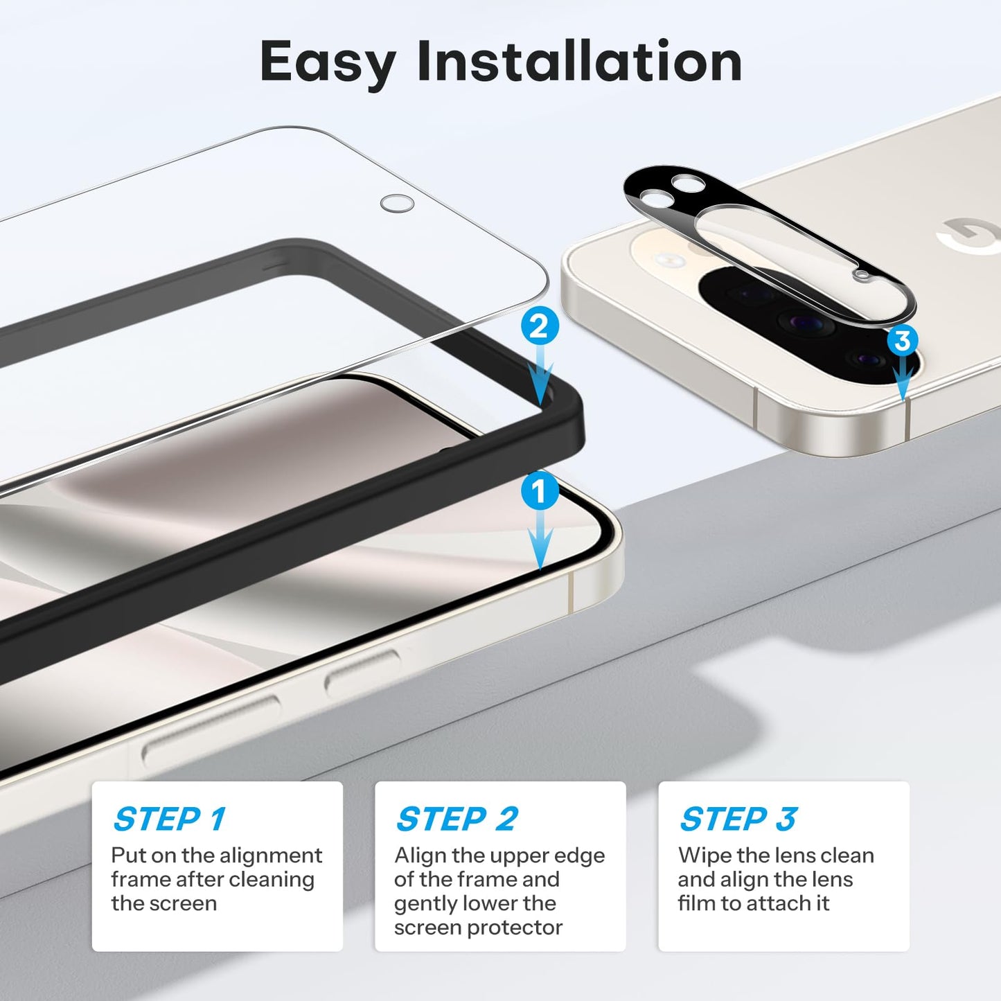 OMOTON 3+2 Pack for Google Pixel 9 Pro Screen Protector, 3 Pack Tempered Glass Screen Protector & 2 Pack Camera Lens Protector for Pixel 9 Pro 2024 6.3-inch, Case Friendly (Not for Pixel 9/9 Pro XL)