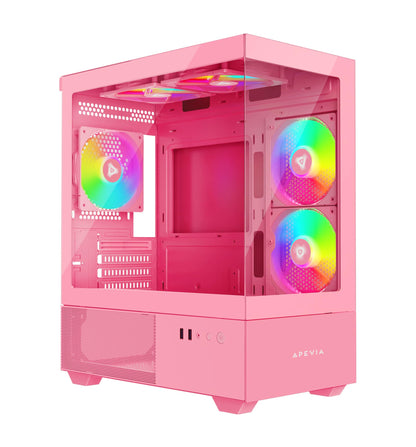 Apevia Phantom-PK Phantom Micro-ATX Dual-Chamber Gaming PC Case w/ 5X 120mm ARGB Fans, 366 RGB Modes, Dual Tempered Glass Panels, 240mm Radiator Support, 2X USB3.0, HD Audio Port, Pink