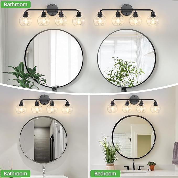 Bathroom Light Fixtures Black Vanity Light 4 Light Wall Sconces Lighting Bathroom Lights with Globe Clear Glass Shade Bath Wall Lights Wall Lamp for Mirror Kitchen Living Room Bedroom Hallway 27 Inch