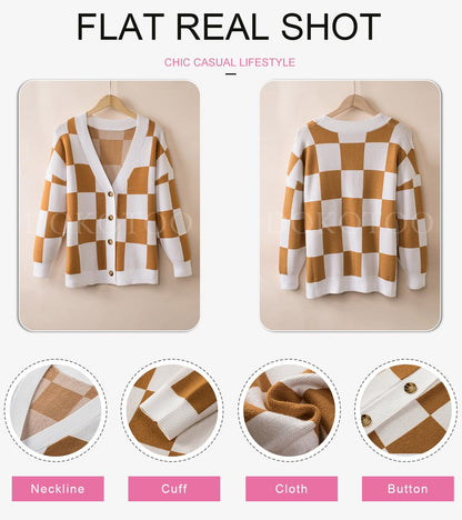 Dokotoo 2025 Early Fall Fashion Chunky Cardigan Sweaters for Women V Neck Button Up Long Sleeve Plaid Knit Sweater Casual Loose Checkered Chocolate Brown Fall Clothes Womens Cardigans Outerwear L
