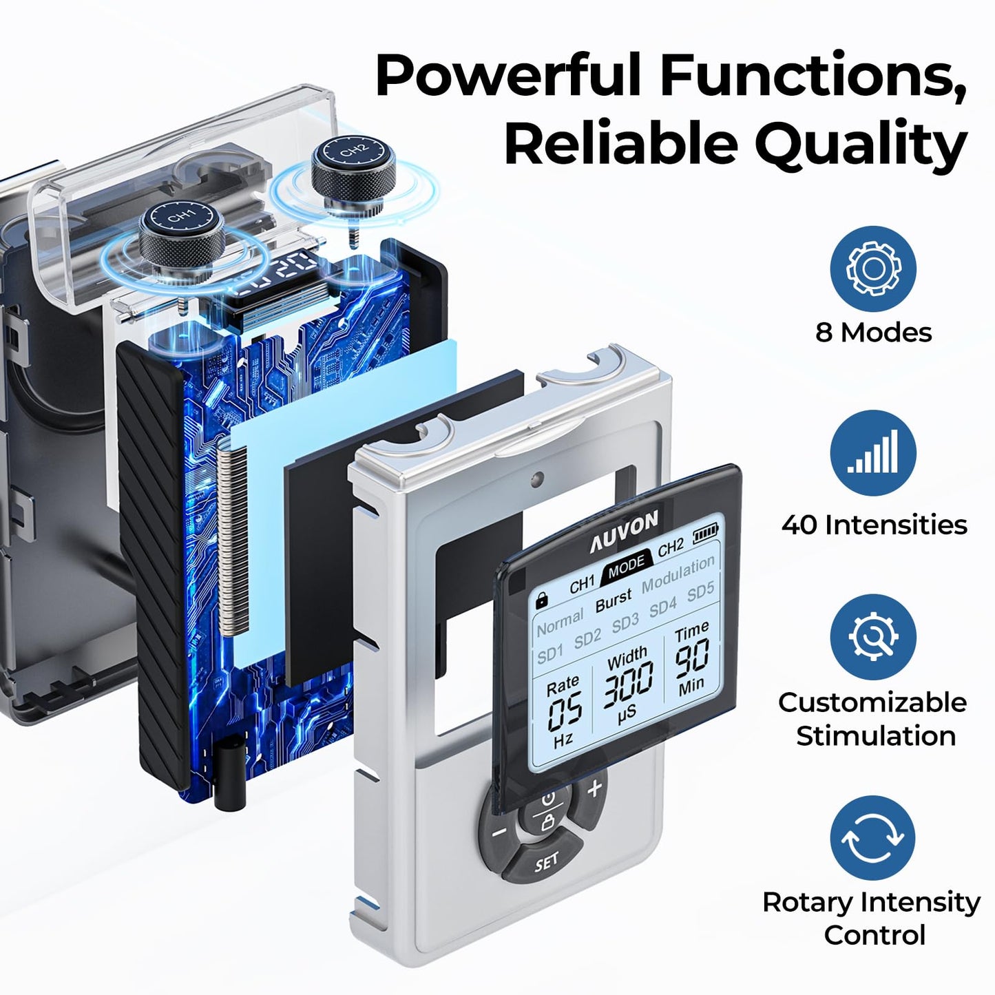AUVON Rechargeable Digital TENS Unit Muscle Stimulator with 600 mAh Battery, TENS Machine with 8 Customizable Modes, Electric Massager for Shoulder, Back Pain Relief, 6 TENS Pads, A Carry Case